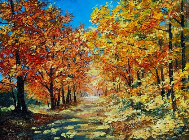 Oil Painting landscape - autumn forest, bright red leaves, blue sky